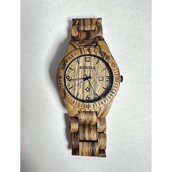BEWELL Wood Watch Quartz Date Display Mens Wrist Watch Wooden Band New Battery - Picture 1 of 7